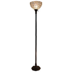 62" brown and white torchiere floor lamp with a white peacock feather glass dome shade and an ornate base.