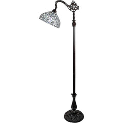 62" brown and white torchiere floor lamp featuring a white peacock feather glass dome shade and ornate base design.