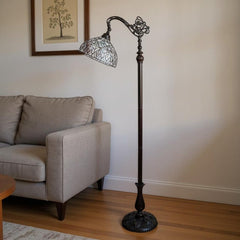 62" Brown And White Torchiere Floor Lamp With White Peacock Feather Glass Dome Shade