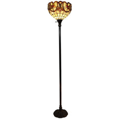 62" beige torchiere floor lamp with a glass dome shade featuring red and white flowers, elegant design with a sturdy base.