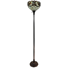 62" beige torchiere floor lamp with a decorative red and white flowers glass dome shade and an ornate base.