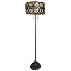 63" beige metal torchiere floor lamp with a decorative red and white flowers glass drum shade and a sturdy base.