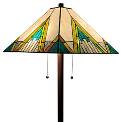 62" Two Light Tiffany Style Floor Lamp featuring an amber, blue, and green stained glass shade with geometric patterns.