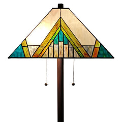 62" Two Light Tiffany Style Floor Lamp featuring an amber, blue, and green stained glass shade with geometric patterns.