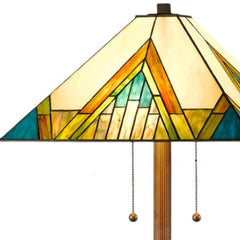 62" Two Light Tiffany Style Floor Lamp featuring an amber, blue, and green stained glass shade with geometric patterns.