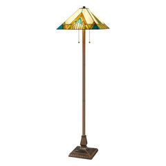 62" Two Light Tiffany Style Floor Lamp featuring an amber, blue, and green stained glass shade with a decorative base.