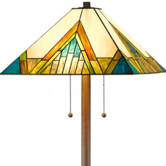62" Two Light Tiffany Style Floor Lamp featuring an amber, blue, and green stained glass shade with geometric patterns.