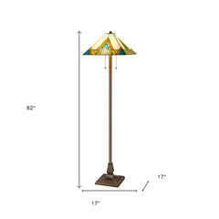 62" Two Light Tiffany Style Floor Lamp with amber, blue, and green stained glass shade, featuring a bronze base and elegant d