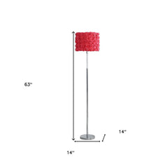 63" steel floor lamp with a red flowers fabric drum shade, featuring a sleek design and a sturdy base.