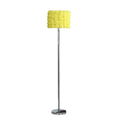 Steel and acrylic floor lamp with a yellow flowers fabric drum shade.