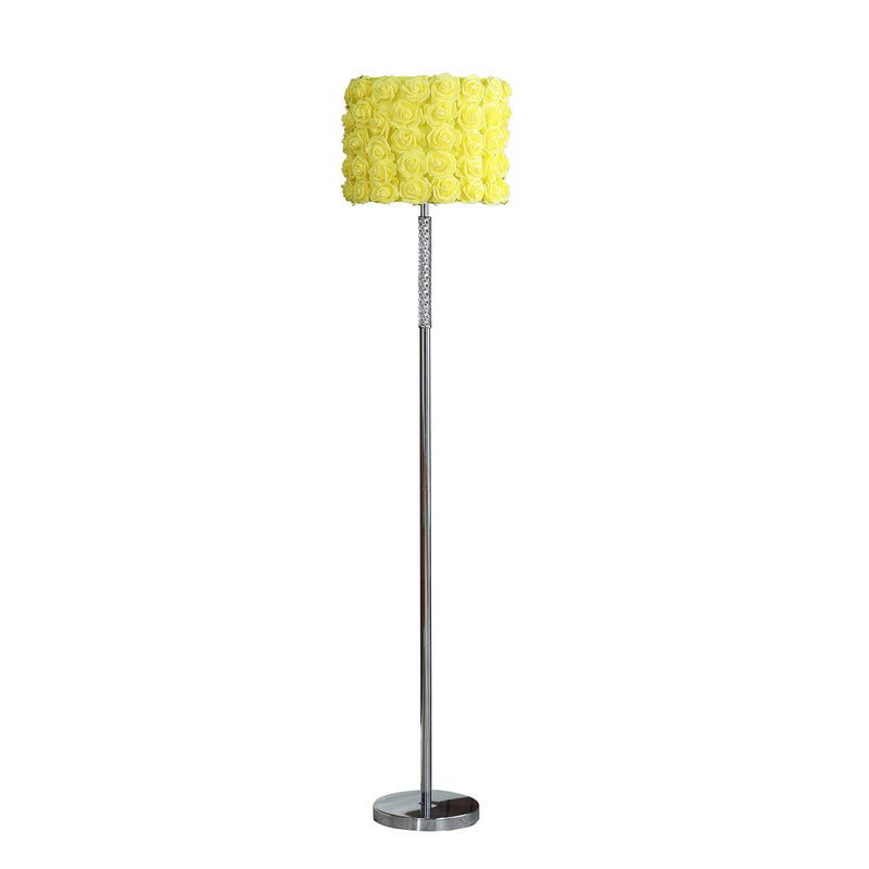 Steel and acrylic floor lamp with a yellow flowers fabric drum shade.