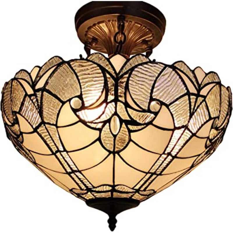 Yellow and brown two-light Tiffany-style semi-flush ceiling light with glass shade.