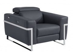 41" Dark Gray Italian Leather Power Recliner Chair with sleek chrome accents and a modern design. Comfortable and stylish.