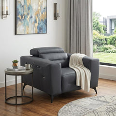 41" Dark Gray Italian Leather Power Recliner Chair in a modern living room setting with a side table and decorative blanket.