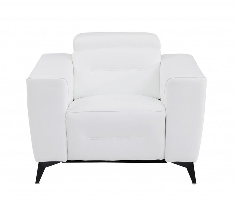 White Italian leather power recliner chair featuring black legs.