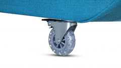 Turquoise upholstered mattress on wheels, showcasing a full adjustable design without a bed frame.