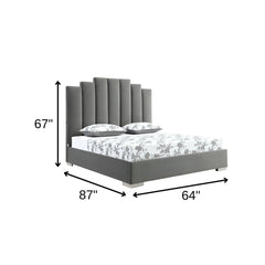Queen Grey Upholstered Vertical Channel Velvet Bed with USB