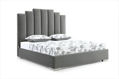 Queen Grey Upholstered Vertical Channel Velvet Bed with USB features a tall, channel-stitched headboard and sleek design.