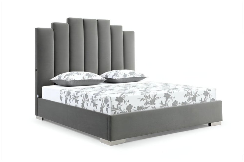 Queen Grey Upholstered Vertical Channel Velvet Bed with USB features a tall, channel-stitched headboard and sleek design.