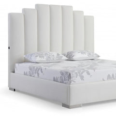 White Wood and Faux Leather Queen Bed Frame with USB features a tall, padded headboard and a sleek design, ideal for modern b