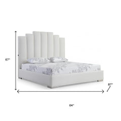 White Wood and Faux Leather Queen Bed Frame with USB features a modern design, tall headboard, and a sleek finish. Dimensions