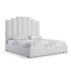 White Wood and Faux Leather Queen Bed Frame with USB features a tall, tufted headboard and a sleek, modern design.