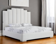 White Wood and Faux Leather Queen Bed Frame with USB features a sleek, modern design with a tall, tufted headboard and a low-
