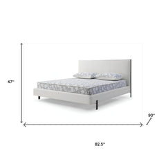 White wood and faux leather king bed frame with USB, featuring a modern design and dimensions of 47" height, 90" length, and 