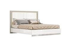 White and taupe wood queen bed frame with a sleek design, featuring a modern headboard and a glossy finish.