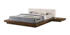 Walnut and white wood king bed frame with faux leather headboard and attached nightstands, featuring a modern design.