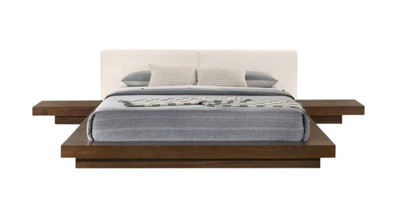 Walnut and white wood king bed frame with faux leather headboard and attached nightstands, featuring a modern design.