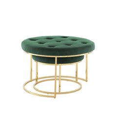 Set of Two Green Velvet and Gold Tufted Round Ottoman