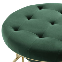 Set of Two Green Velvet and Gold Tufted Round Ottoman