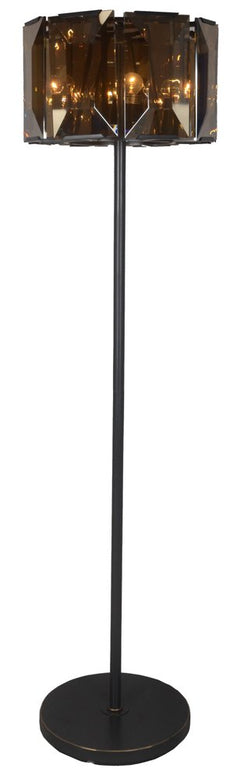 68" dark bronze floor lamp featuring an amber beveled glass drum shade and a round base. Elegant and modern design.