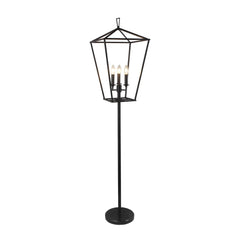 64" black floor lamp featuring a geometric shade and three light bulbs, set on a sturdy round base. Ideal for modern decor.