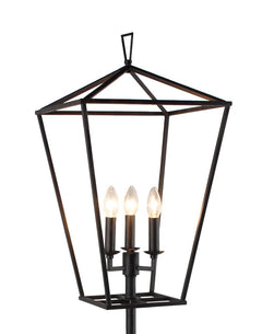 64" black floor lamp featuring a geometric shade and three light bulbs, adding modern elegance to any space.