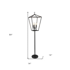 64" black floor lamp with a geometric shade and three light bulbs, featuring a sleek design and sturdy base.