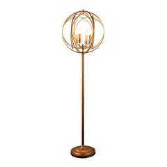 64" gold floor lamp featuring a modern geometric globe shade with four light bulbs, set on a round base.