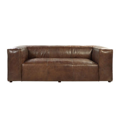 98" brown top grain leather sofa with black legs, featuring a modern design and plush seating for comfort.
