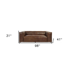 98" brown top grain leather sofa with black legs, featuring a modern design and spacious seating. Dimensions: 31" H x 41" D.