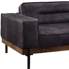 Ebony top grain leather sofa with black legs, featuring a modern design and plush seating for comfort.