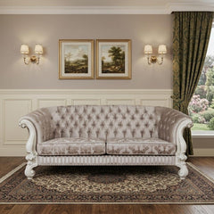 99" Ivory Velvet Damask Sofa And Toss Pillows With Bone Legs