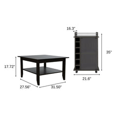 22" Brown and Black Open Shelving Bar Cart and Coffee Table with dimensions: 27.56" x 31.50" x 17.72" and 21.6" x 16.3" x 35"