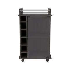 22" Brown and Black Open Shelving Bar Cart and Coffee Table with sliding door, shelves, and wheels for easy mobility.