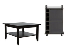 22" brown and black open shelving bar cart and coffee table with a square top and storage compartments on wheels.