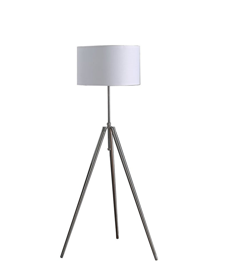 Adjustable silver metal tripod floor lamp with a white fabric shade.