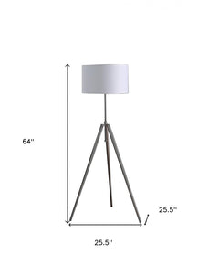64" Silver Adjustable Tripod Floor Lamp with White Fabric Shade, featuring a sleek design and adjustable height.
