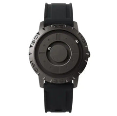 Men's Magnetic Ball Watch in matte black with black rubber strap, designed for tactile time-telling and futuristic fashion.