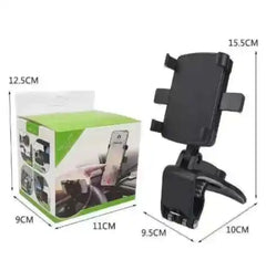 360° car phone holder universal mount with adjustable clamp and rotatable design, shown next to retail packaging for dashboard installation.