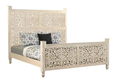 White Carved Floral Distressed Solid Wood King Bed Frame featuring intricate floral designs and a light, rustic finish.